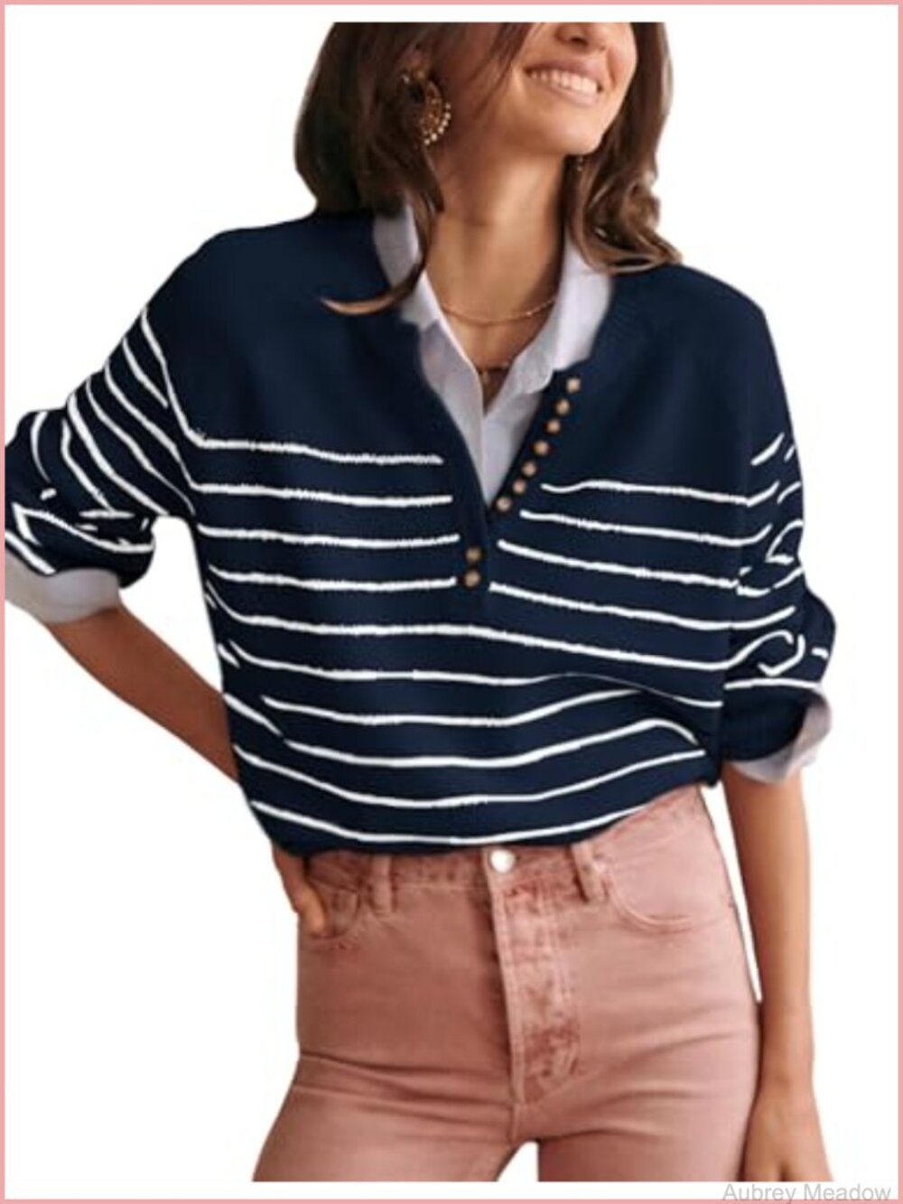 Striped Button Up Crewneck Pullover Sweater Ribbed Knit Long Sleeve